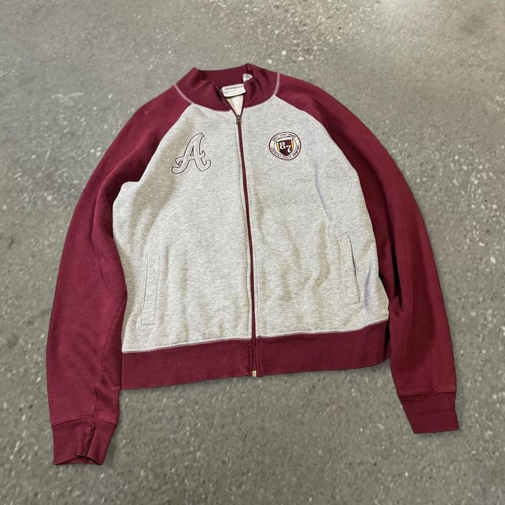 Aeropostale Y2K Burgundy Grey Full Zip Up Sweater Mens Large Varsity Patch